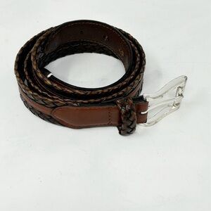 Two Tone Brown Leather Woven Waist Belt Men’s Silver Hardware Size 37” - 41”